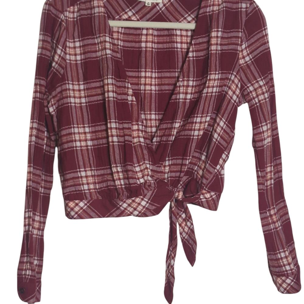 Copper Key Burgundy Plaid Long Sleeve Wrap Blouse